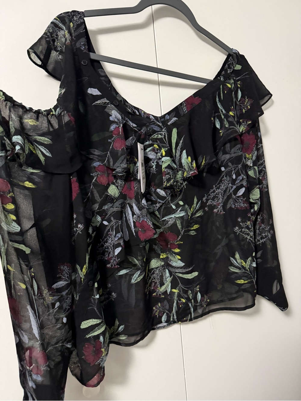 GUESS Black Sheer Floral Off-Shoulder Blouse with Ruffle